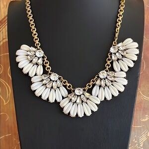 J. Crew white flower necklace with clear rhinestones on brushed gold tone chain